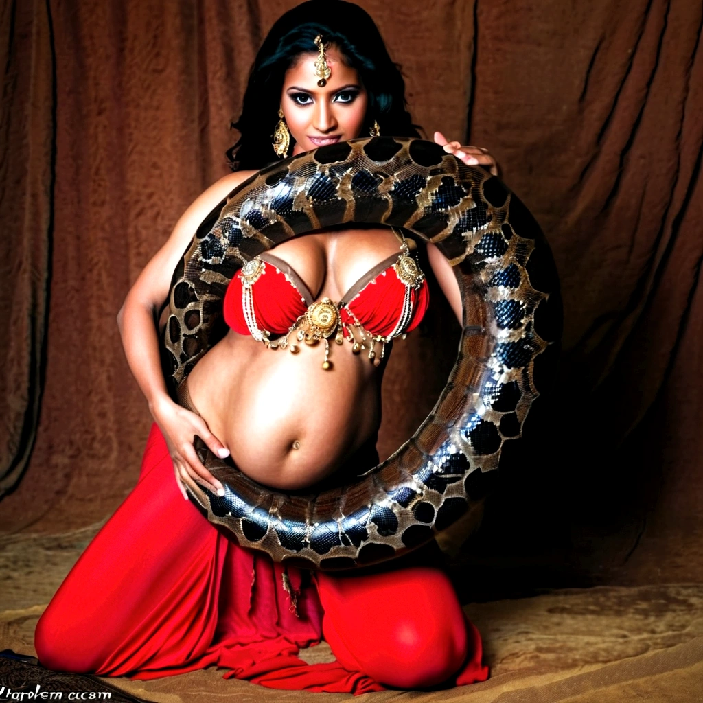 Pregnant topless Happy Horny, aroused 1girl), beautiful kneeling indian young belly dancer with giant colossal black titanboa squeezing her hard, wrapped in thick spiraling coils, constricted, struggle, gasping for air, snake attack, snake peril, moonless night, dim light