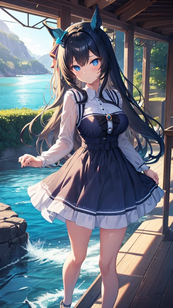 best quality, extremely detailed, anime style adult 1girl, long hair down to the waist, straight hair, dark black hair with bluish, beautiful detailed eyes, pinched eyes, dark blue eyes, huge breasts,curvy, ((((A dress made of running water and light)))),hair accessory,((Luxury cottage rooms by the sea)),((pov face)),in umamusume's 3D style