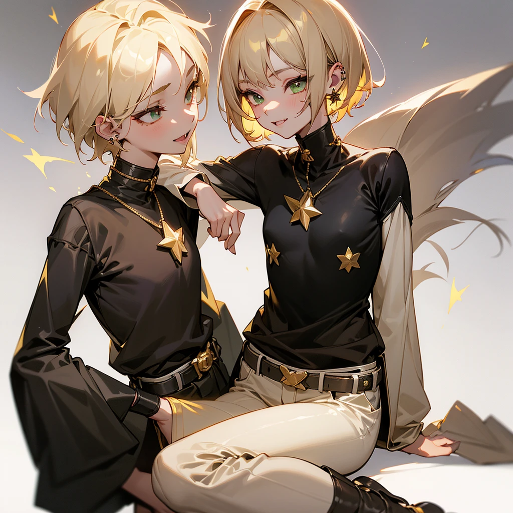 A girl with light ash blonde wolf cut hair with extra light ash blonde highlights, gold star piercing in left ear and gold star earrings in right ear, pale skin with pink tones, good body, black shirt with long sleeves showing the shoulders and a little chest, light gray pants, black belt with golden evilla, small boots with short black heels, Asian descent, tiger tattoo on the left side of the neck, star sirius thigh tattoo, crystal clear green eyes, calm look and tender smile with small white fangs, long eyelashes and light ash blonde color, night background and tender pose