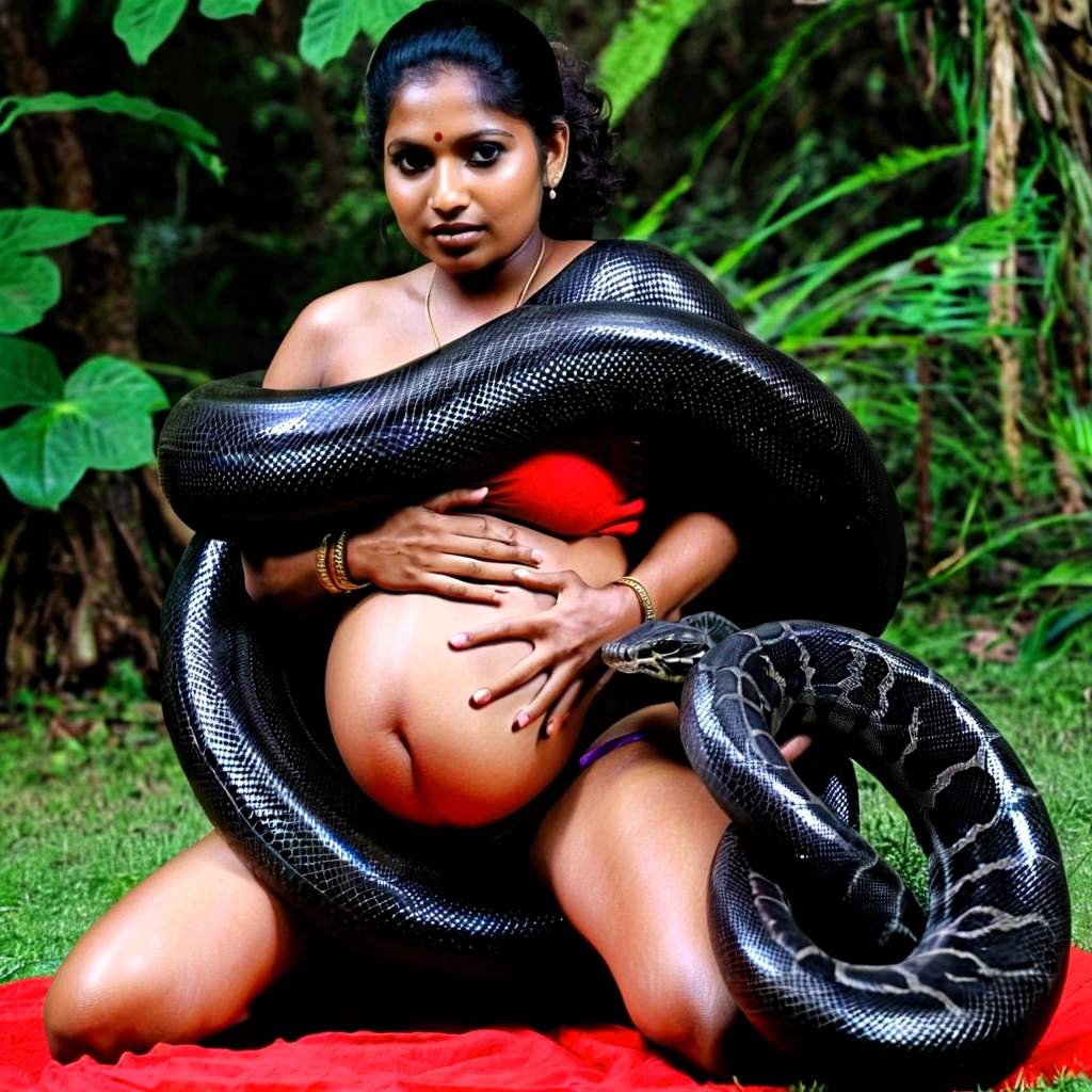 Pregnant Happy Horny, aroused 1girl), beautiful kneeling indian young teen girl with giant colossal black titanboa squeezing her hard, wrapped in thick spiraling coils, constricted, struggle, gasping for air, snake attack, snake peril, moonless night, dim light