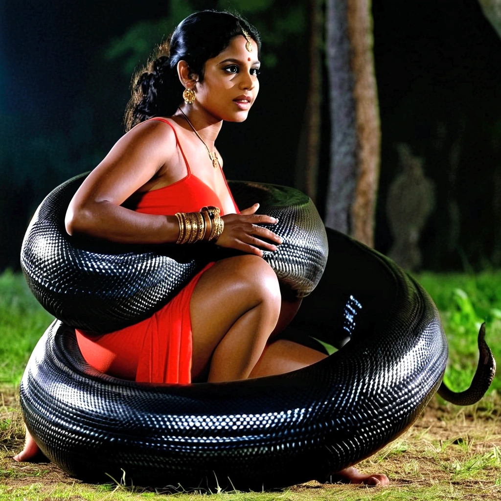 Pregnant Happy Horny, aroused 1girl), beautiful kneeling indian young teen girl with giant colossal black titanboa squeezing her hard, wrapped in thick spiraling coils, constricted, struggle, gasping for air, snake attack, snake peril, moonless night, dim light