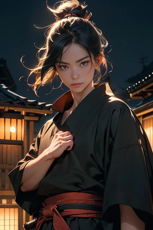 (masterpiece, Extremely realistic, photo-realism, Extremely precise in every detail:1.1), (best quality:1.1), (extremely detailed CG unity 8k wallpaper), (best illustration), (best shadow), (absurdres:1.1), (realistic lighting), ((beautiful detailed glow)), a senior Ninja, hold a Samurai-sword, on the old Edo-city, night time