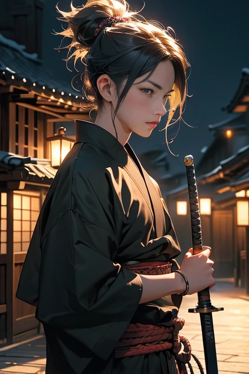 (masterpiece, Extremely realistic, photo-realism, Extremely precise in every detail:1.1), (best quality:1.1), (extremely detailed CG unity 8k wallpaper), (best illustration), (best shadow), (absurdres:1.1), (realistic lighting), ((beautiful detailed glow)), a senior Ninja, hold a Samurai-sword, on the old Edo-city, night time