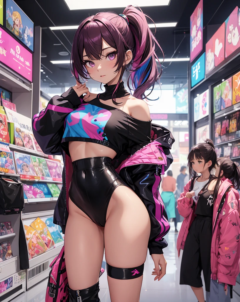 ((master part)), best quality, absurderes, ultra detaild, Holographic, cowboy shot, proportion Aurea, super cute girl, Madura, Idol girl, Super beautiful asian girl with very cute violet bright eyes, Beautiful multicolored bright brown hair, high ponytail, nice and sexy body, body skinny, perfectbody, wearing a super tight anime print knit, Anime Print Super Tight Off Shoulder Long Sleeve Crop Top, a super aesthetic mini transparent jacket, cute hair ornament, Pink Jordan Sneakers, being photographed in a mall store, pulling down shorts showing G-string panties, ((nsfw)), {{Lewd}}