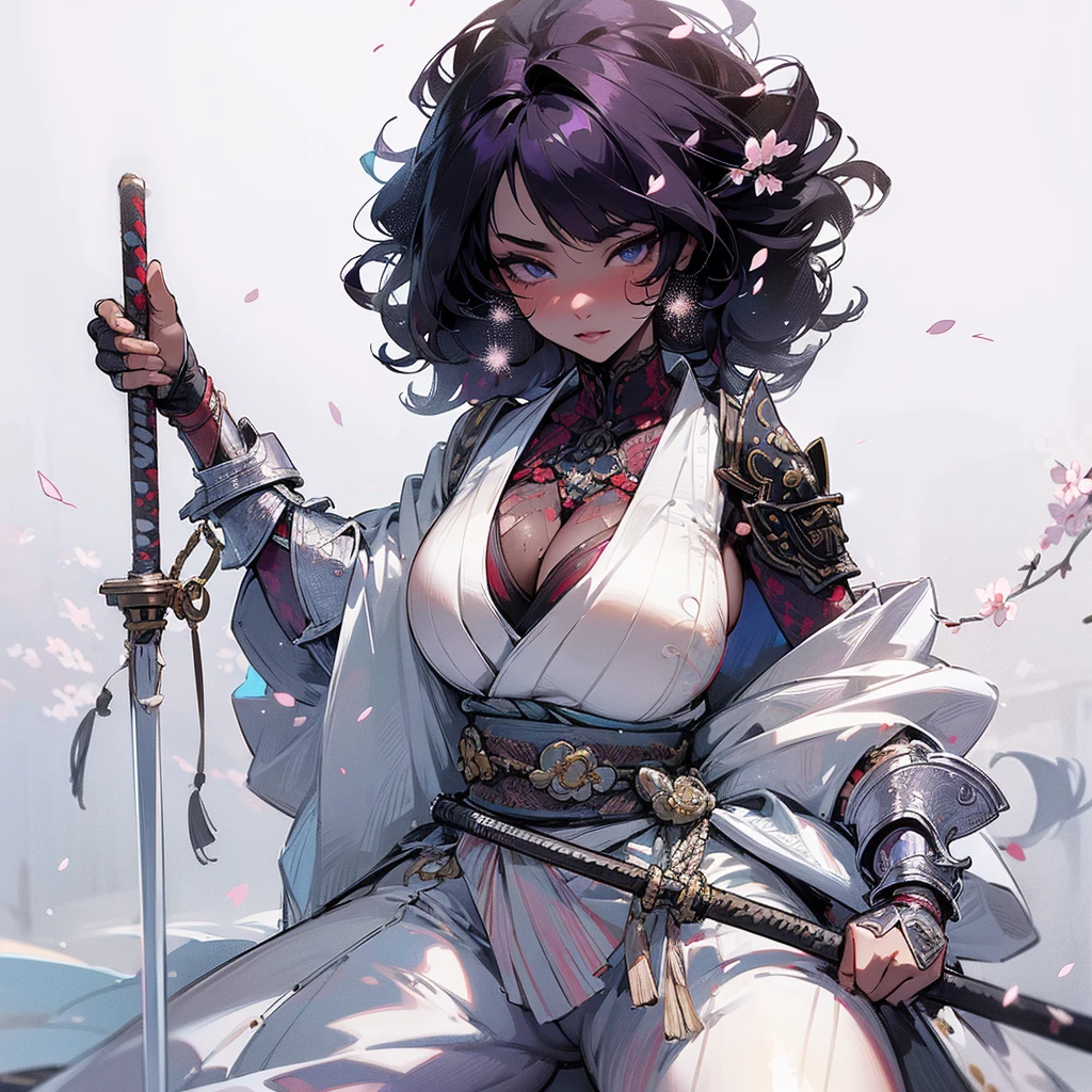PERFECT MASTERPIECE, EXTREMELY DETAILED CG UNITY 32K UHD QUALITY RESOLUTION WALLPAPER, PHOTOREALISTIC, RAW PHOTO, PERFECT PHOTOGENIC CLARITY, OFFICIAL ART, AWARD-WINNING PORTRAIT, ULTRA HYPER-REALISTIC, ULTRA HYPER-DETAILED, SHINY REALISTIC SKIN, RAY TRACING, UNREAL ENGINE 5.8K, GLOWING AMBIENT LIGHT, The most beautiful and sexy samurai warrior girl, very long purple hair, vibrant moonlight eyes, long detailed eyelashes, blushing, full pouting pink lips, curvy body type, full hips, super huge enormously gigantic tits, cleavage showing, gigantic tits bursting out, wearing highly detailed samurai battle armor with sashimono war flag, (arching her back in a sexy seductive slutty pose:1.3), looking at the viewer, full body portrait, cowboy shot depth of field, sexy seductive slutty facial expression, cherry blossoms blowing in the wind, cosmic aesthetic atmospheric feudal Japan background