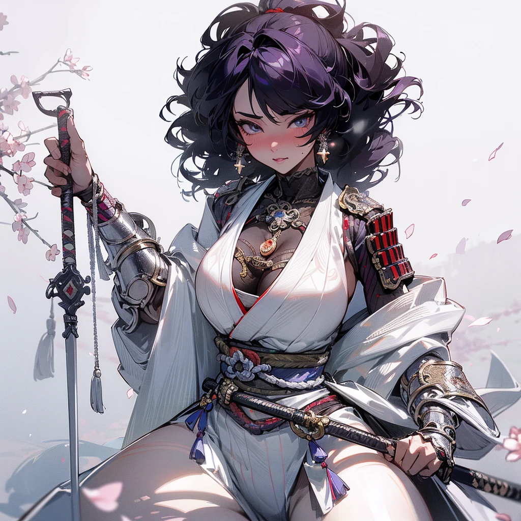 PERFECT MASTERPIECE, EXTREMELY DETAILED CG UNITY 32K UHD QUALITY RESOLUTION WALLPAPER, PHOTOREALISTIC, RAW PHOTO, PERFECT PHOTOGENIC CLARITY, OFFICIAL ART, AWARD-WINNING PORTRAIT, ULTRA HYPER-REALISTIC, ULTRA HYPER-DETAILED, SHINY REALISTIC SKIN, RAY TRACING, UNREAL ENGINE 5.8K, GLOWING AMBIENT LIGHT, The most beautiful and sexy samurai warrior girl, very long purple hair, vibrant moonlight eyes, long detailed eyelashes, blushing, full pouting pink lips, curvy body type, full hips, super huge enormously gigantic tits, cleavage showing, gigantic tits bursting out, wearing highly detailed samurai battle armor with sashimono war flag, (arching her back in a sexy seductive slutty pose:1.3), looking at the viewer, full body portrait, cowboy shot depth of field, sexy seductive slutty facial expression, cherry blossoms blowing in the wind, cosmic aesthetic atmospheric feudal Japan background