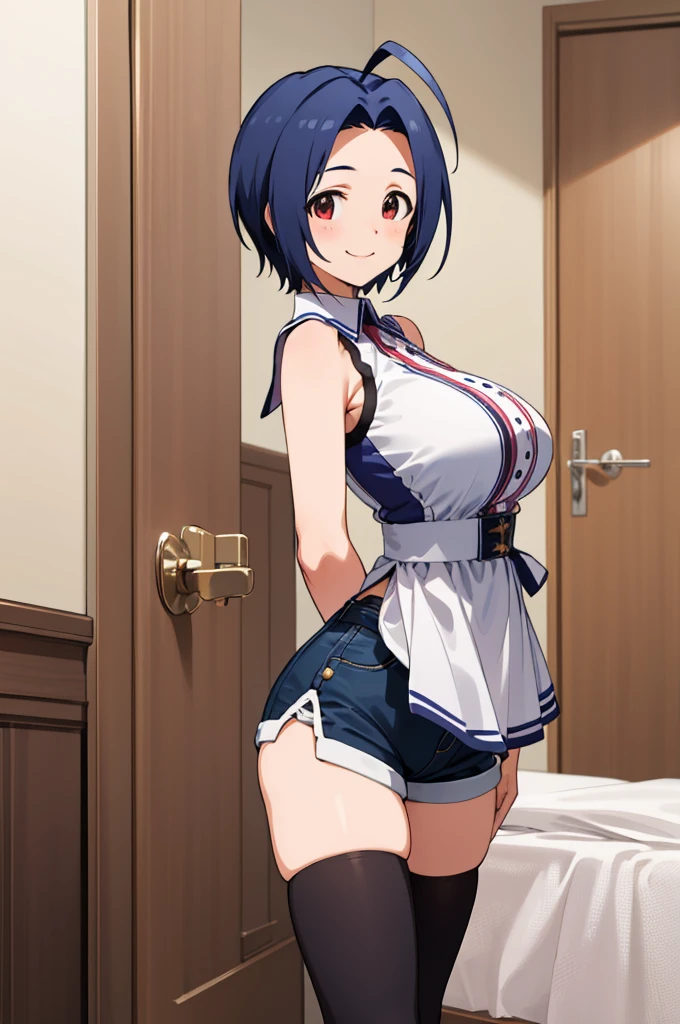 masterpiece, best quality, highres, aaazusa, short hair, ahoge, parted bangs, sleeveless,high waist shorts,thighhighs smile, my room, standing,,huge breasts