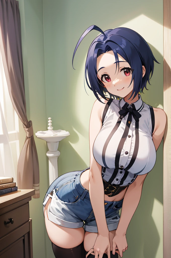 masterpiece, best quality, highres, aaazusa, short hair, ahoge, parted bangs, sleeveless,high waist shorts,thighhighs smile, my room, standing,,huge breasts