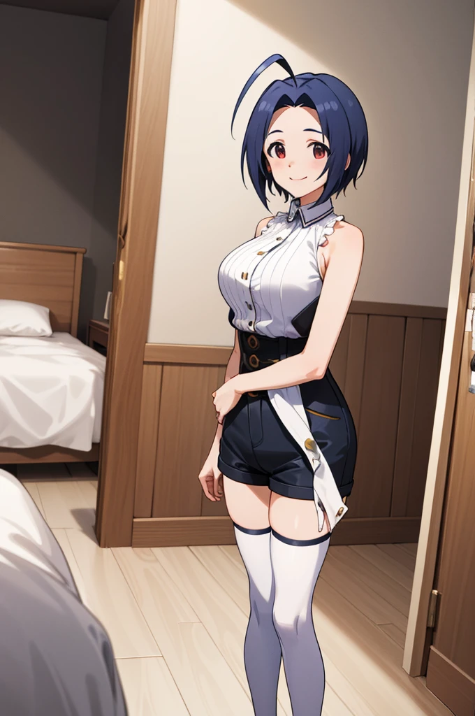 masterpiece, best quality, highres, aaazusa, short hair, ahoge, parted bangs, sleeveless,high waist shorts,thighhighs smile, my room, standing,,huge breasts