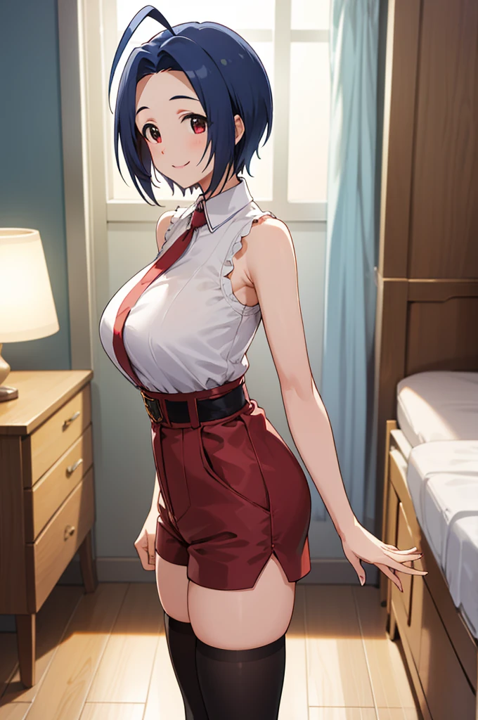 masterpiece, best quality, highres, aaazusa, short hair, ahoge, parted bangs, sleeveless,high waist shorts,thighhighs smile, my room, standing,,huge breasts