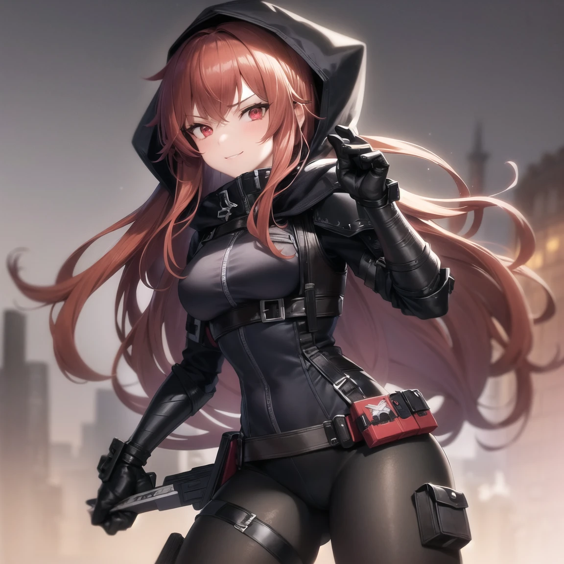 1girl, female focus, auburn hair, long wavy hair, red eyes, smirk, midnight-black mask, dark purple hood tattered cape, black body suit accents of dark purple and silver, tactical vest, gauntlets, utility belt, leggings, black combat boots, cloak enhancement, mhaoc, MHA screencap, horikoshi kouhei