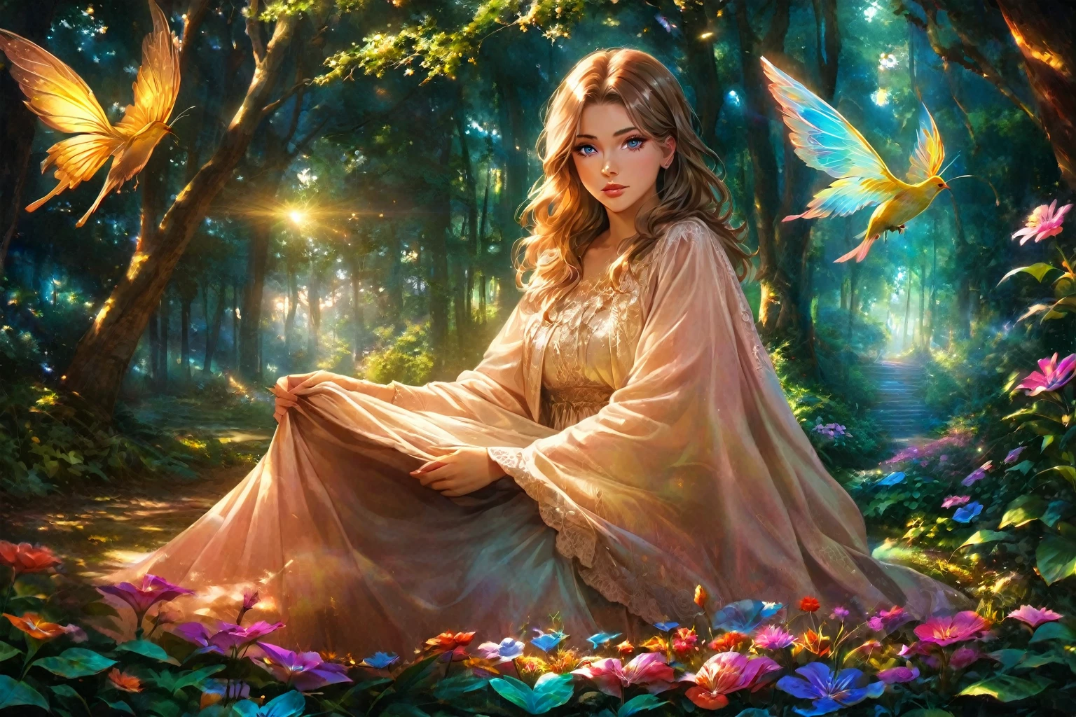 a beautiful forest at dawn, idyllic, magical, majestic, epic lighting, 8K, 1girl, detailed face, detailed eyes, detailed lips, long eyelashes, beautiful dress, serene expression, lush foliage, colorful flowers, sunbeams, photorealistic, cinematic, warm colors, dramatic lighting, intricate details