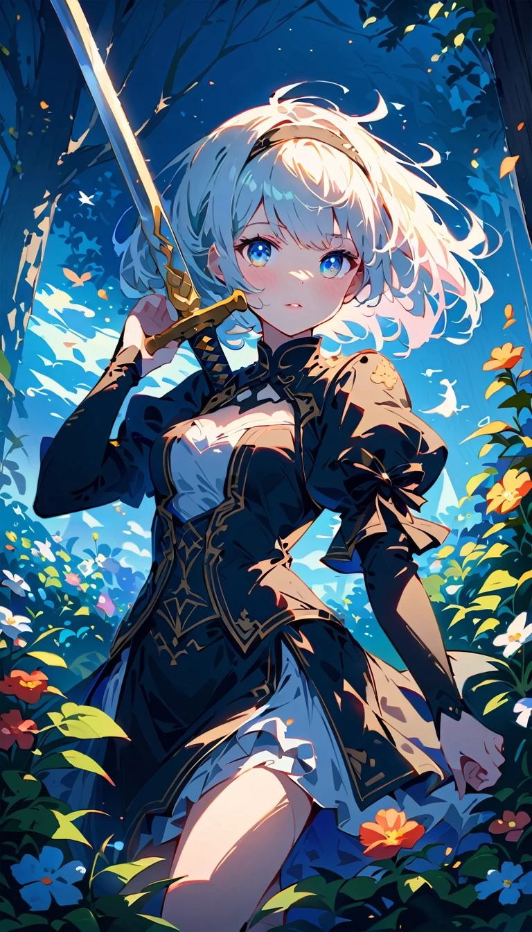 Automata启发, NeilAutomata角色, Neil：Automata cosplay, (high resolution,4K,best quality) A man in black、Girl holding a sword, Inspired by Nia : Automata. This girl has a pair of beautiful and delicate eyes, Beautiful and delicate lips, And a very delicate face with long eyelashes. 她站在Bright colors、In the blooming garden. The garden is illuminated by soft natural light, Create a tranquil atmosphere. Girl&#39;s black costume made of shiny leather material, Make it look stylish and futuristic. She holds a silver sword, Reflecting sunlight. The sword&#39;s blade is engraved with intricate detail, Demonstrate craftsmanship. The girl's hair fluttered in the wind, Adding movement to the scene. 整体图像lifelike、lifelike, Clear focus，Bright colors, Enhance visual impact. This artwork captures the essence of NIAA : Automata, Paying tribute to its iconic character 2b.