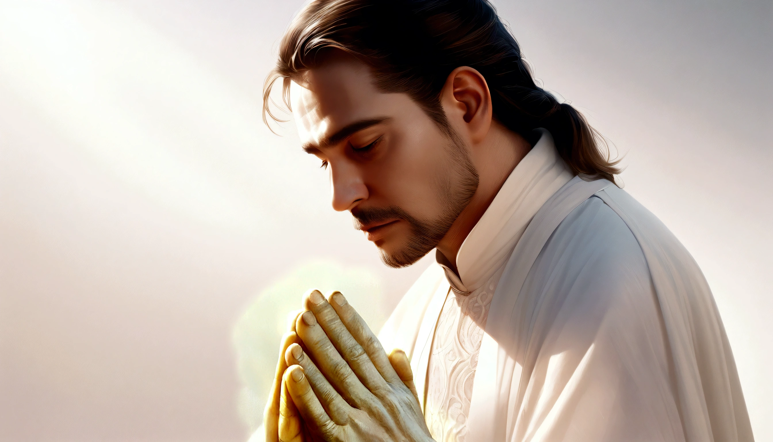 image of a man praying, high resolution, photorrealistic, wearing white clothes, light background that gives an impression of tranquility