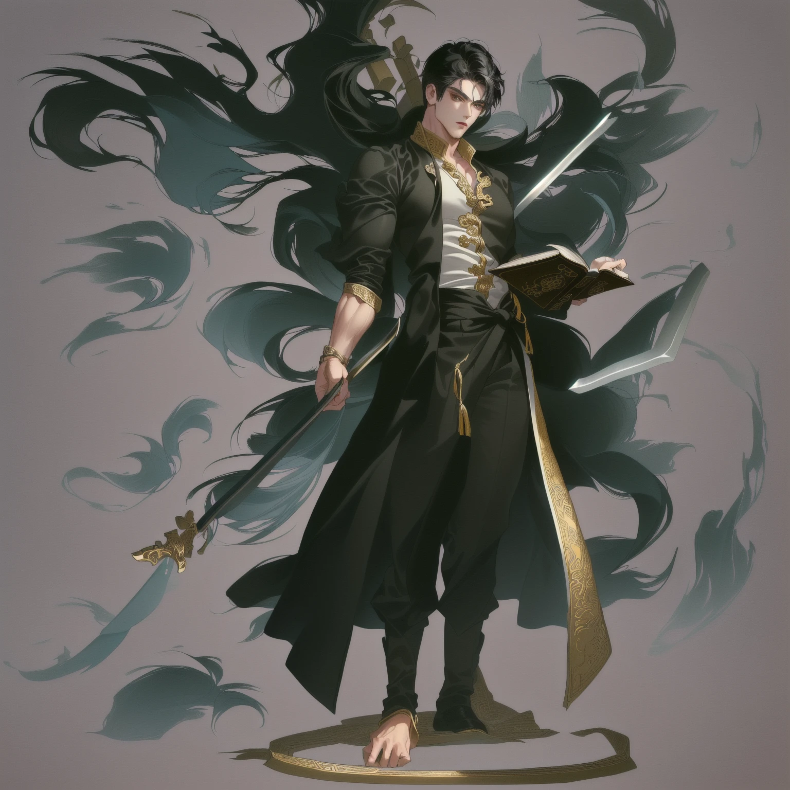 ((Extremely complex and exquisite details，masterpiece，Highest quality，Full body picture of a strong, masculine and handsome man with short black hair，Modernity，Strong handsome masculine style，Holding a stick with a machete in his right hand，Holding book in left hand，Showing off muscles))，Very strong muscles，Delicate Chinese dragon and pine tree background
