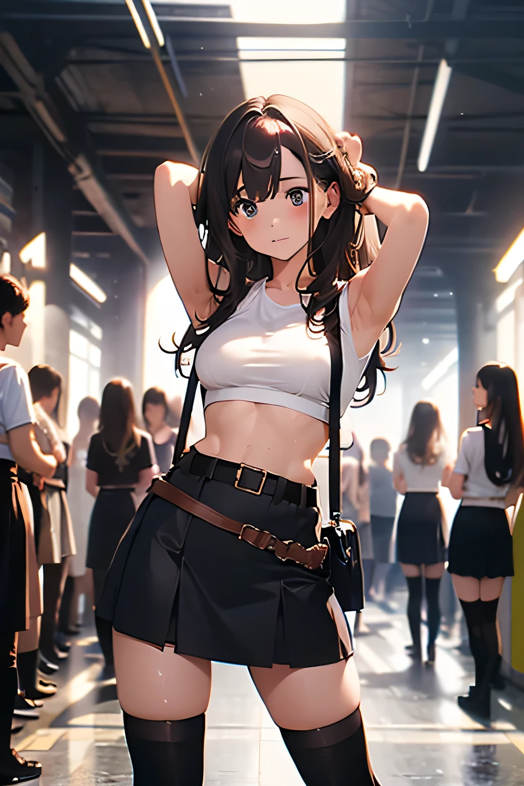 Brown hair、watching at viewers suspenders Bulging big breasts Black miniskirt garterbelts knee high socks Gaze Small face bangss Beautuful Women hands up Gaze Black boots provocation Armpit sweat soio Fold your hands behind your back belt tank top teats