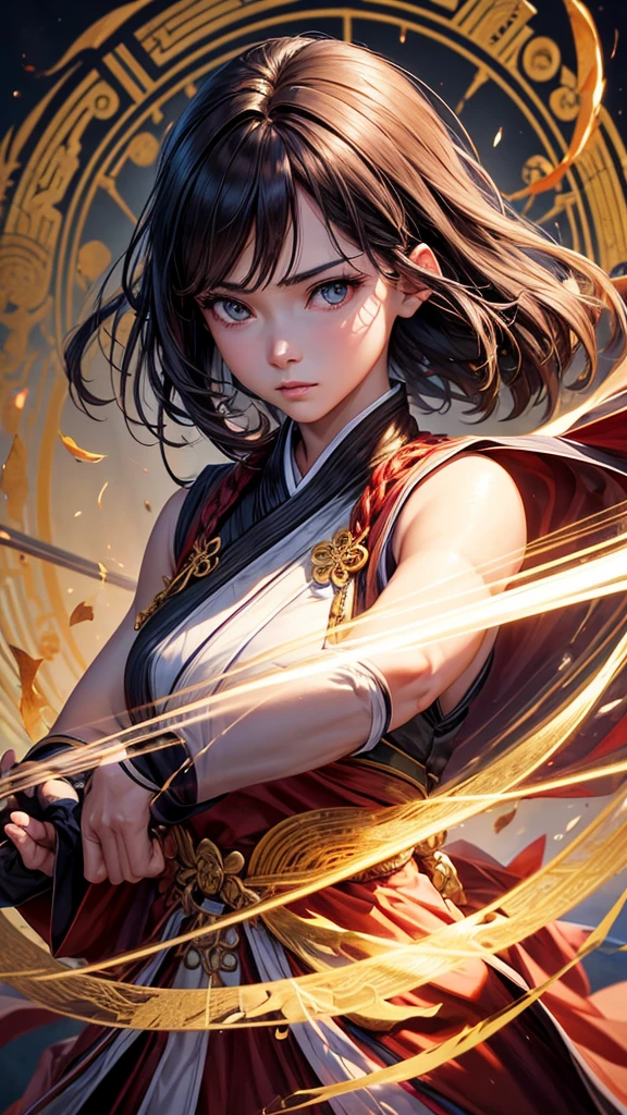 Best Quality, Masterpiece, Ultra High Resolution, (Realistic: 1.4), Xiuxian, Weapon, Detailed Face, .a beautiful woman Solo, Weapon, , (Magic Circle: 1.2), Xiuxian, Upper Body, Sheath, (Absurd, Resolution Tall , Highly Detailed), Asian,a female, ,twenty year old female,beautiful,ideal tall female broad shoulders,very short hair,undercut,dark brown eyes,delicate eyes and detailed face,highly detailed Unity 8k CG wallpaper , intricate details, (vortex magic force: 0.7), looking at the viewer, solo, (whole body: 0.6), detailed background, detailed face, hair fluttering in the wind, martial artist, dynamic pose, battle pose , clenched hands, fingerless gloves, bracelets, dragon theme costumes, monk robes, alpine mountain background, rotating floating particles, dynamic composition, hanfu, jinshan, jinshan background, jinshan background, jinshan mountain, flowing golden water