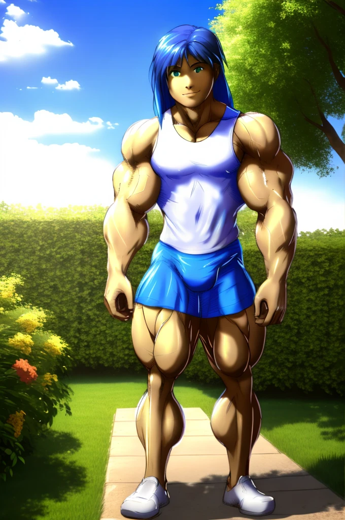 muscular boy , alone , garden , soft shading, standing , mbbbbb , SMILE , blue hair, green eyes ,() , White sleeveless shirt , blue shorts, long hair , full body ,