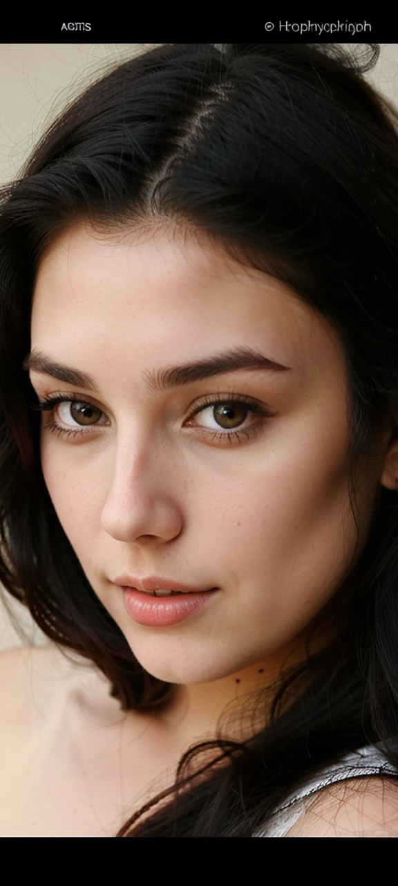 Beautiful 22 year old girl with long black hair.
An attractive look.
Hight realistic photography.
Her face is very sexy and attractive.