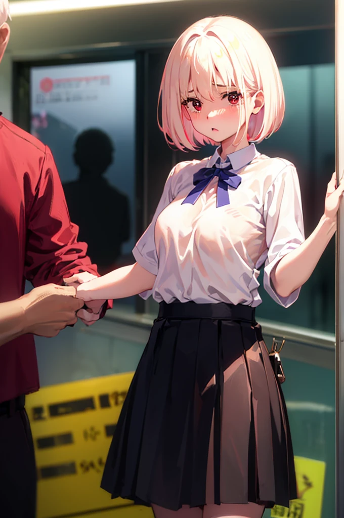 Acme Face、(breasts out1.9)、(nsfw1.3)、show off breasts、nose blush、sweat、1 boy、bitch、POV shooter、Chest grab、blush、Embarrassed look、saliva、1 boy、POV shooter、Chest grab、Small breasts、手でhide、skill、、hide、Black Skirt、、blush、、Embarrassed look、Japanese、Black Skirt、ahegao、No bra、Light cream colored hair、Short Hair、Red eyes、blush、、Perfect hands、Fine hand、Inside the train、、Good hands、