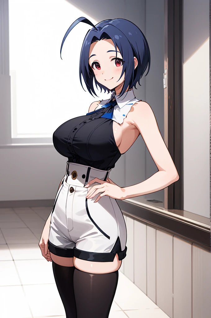 masterpiece, best quality, highres, aaazusa, short hair, ahoge, parted bangs, sleeveless,high waist shorts,thighhighs smile, my room, standing,,huge breasts,side boob