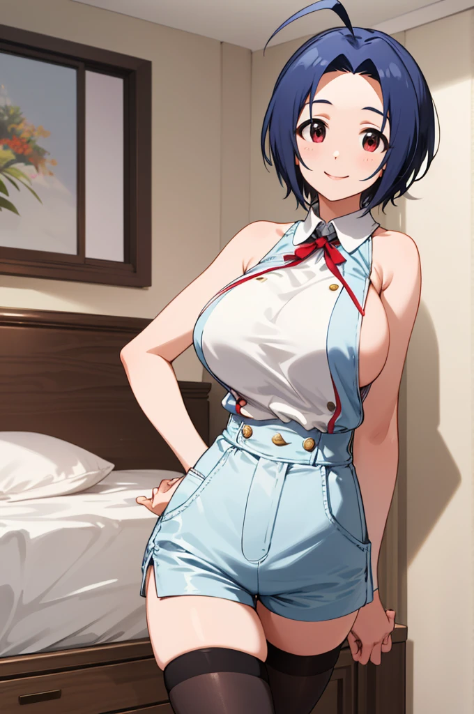 masterpiece, best quality, highres, aaazusa, short hair, ahoge, parted bangs, sleeveless,high waist shorts,thighhighs smile, my room, standing,,huge breasts,side boob