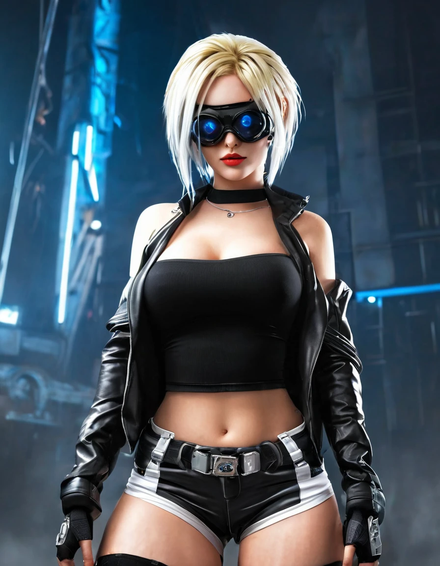 Ultra-realistic, Realistic texture, Dramatic lighting, (Highest quality:1.1), Depth of written boundary, at night, In a futuristic cyberpunk city, High resolution, shallow Depth of written boundary, Wide light, High Contrast, Backlight, bloom, The light shines, chromatic aberration, Sharp focus, Futuristic clothing, leather jacket, Beauty 512, In the middle, 