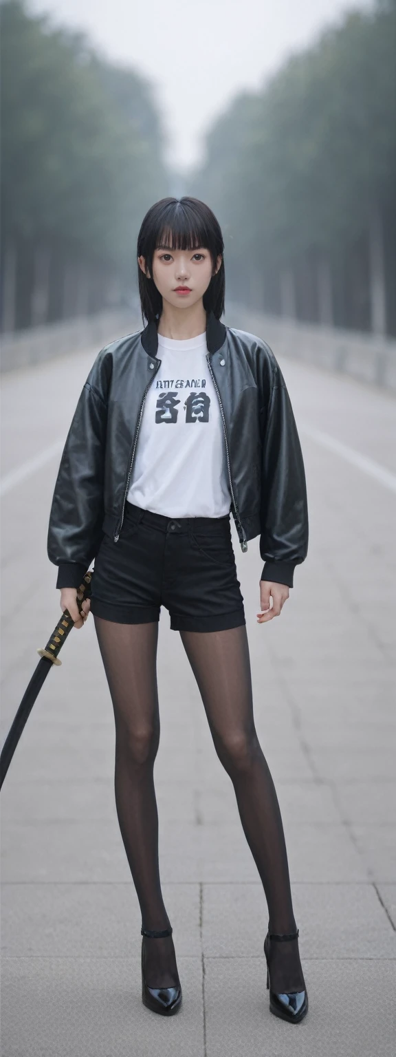 1girl, pantyhose, high heels, black hair, wearing shorts, Moto Jacket, stand, outdoor, realistic, photorealistic, simple background, Fringe, masterpiece, best quality, 8k, score_9, score_8_up, score_7_up,
(holding katana, katana), blur background,