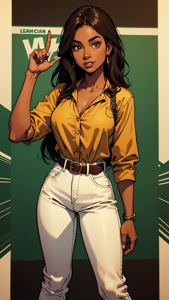 Leilani, she is short, with dark skin and straight hair, approximately 21 years old and with a cheerful personality, she was wearing a green and denim blouse and in the middle a brown belt that showed off her thin waist, comic style