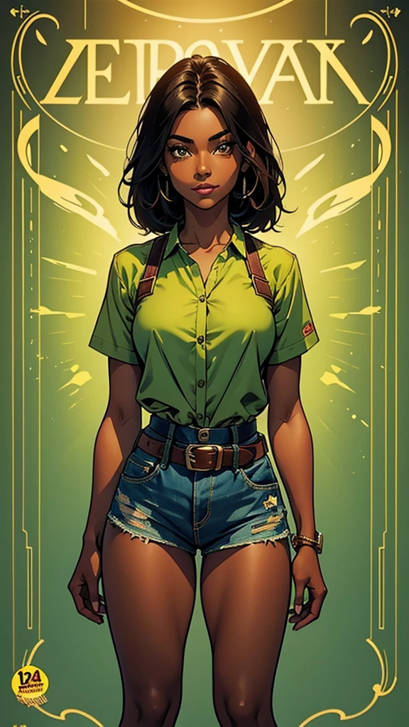 Leilani, she is short, with dark skin and straight hair, approximately 21 years old and with a cheerful personality, she was wearing a green and denim blouse and in the middle a brown belt that showed off her thin waist, comic style