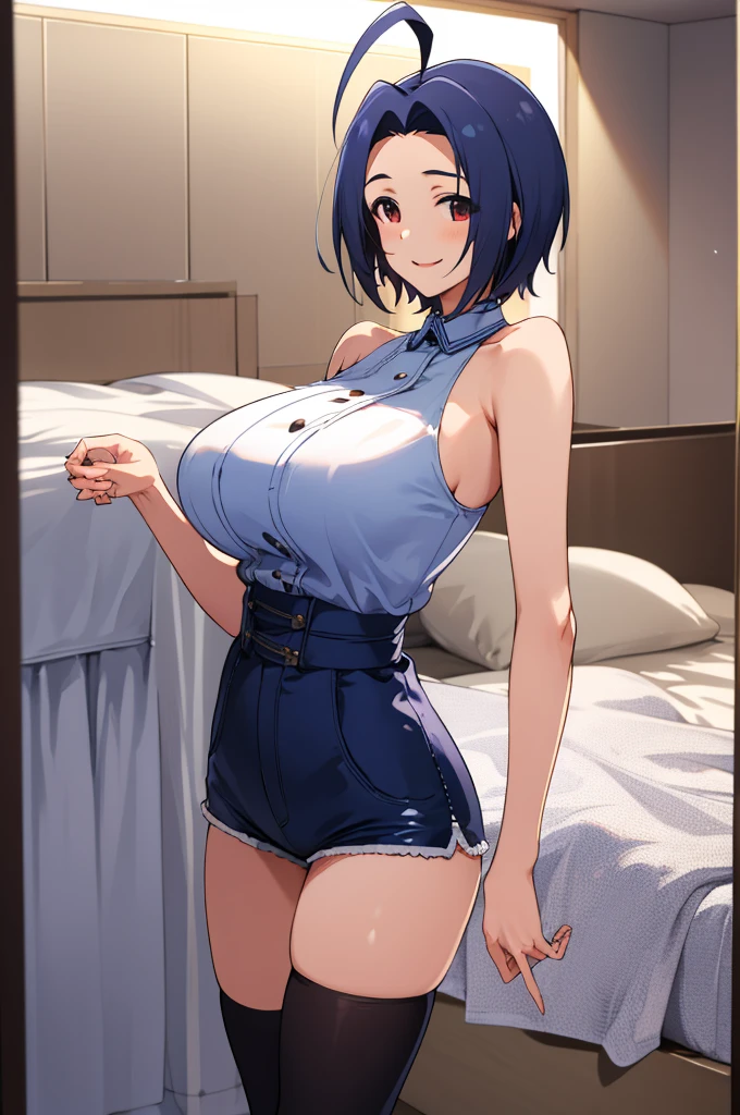 masterpiece, best quality, highres, aaazusa, short hair, ahoge, parted bangs, sleeveless,high waist shorts,thighhighs smile, my room, standing,,huge breasts