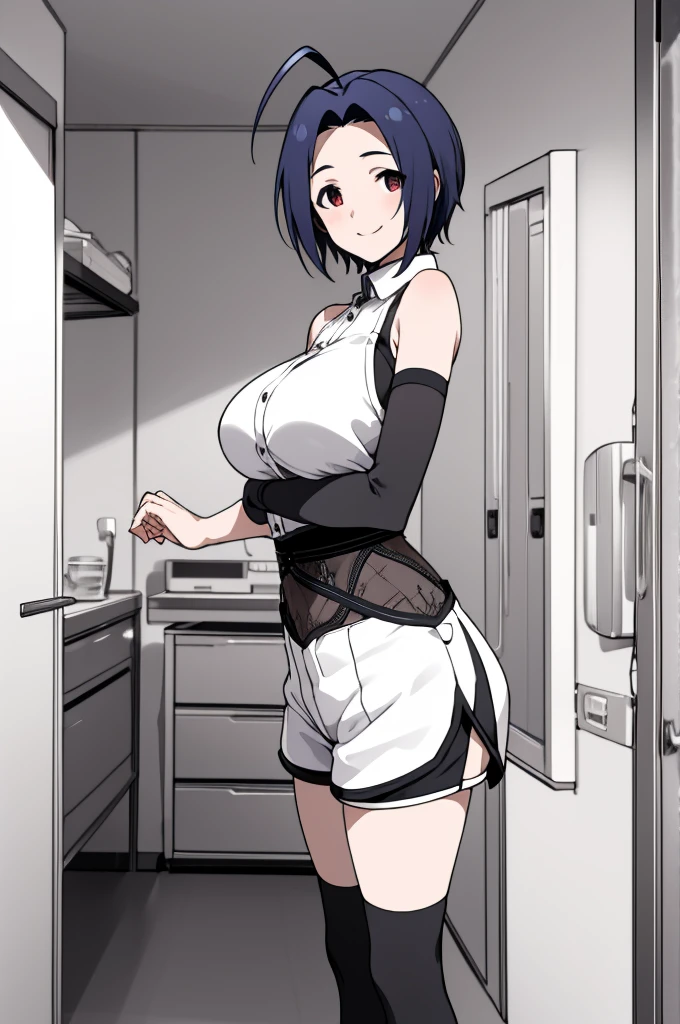 masterpiece, best quality, highres, aaazusa, short hair, ahoge, parted bangs, sleeveless,high waist shorts,thighhighs smile, my room, standing,,huge breasts