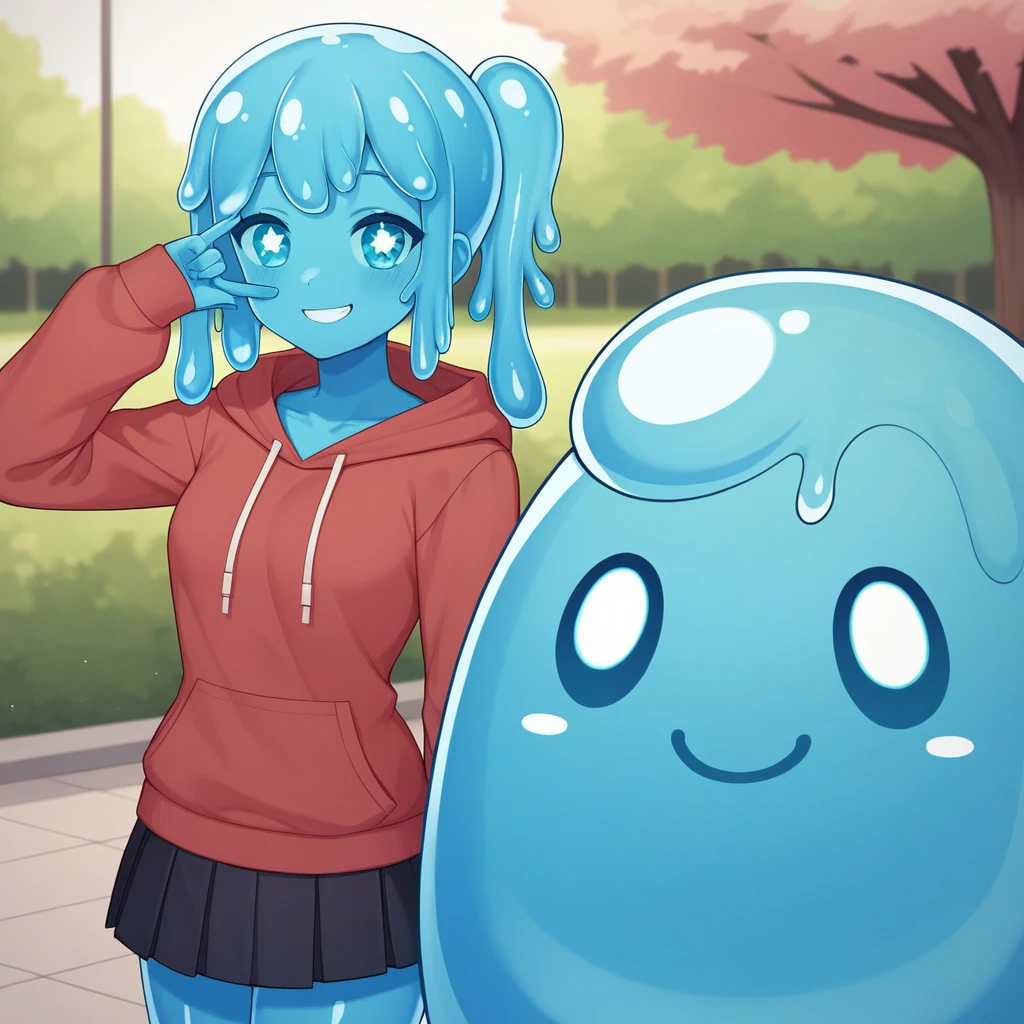 source_anime, score_9, score_8_up, BREAK slime girl, smile, (sparkling eyes:1.1), hoodie, skirt, blue skin, slime hair, park