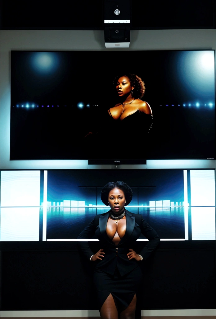 bald black man hip hop executive in suit and tie in a large conference room with ((a large monitor on the wall showing an extremely busty black woman with gross cleavage:1.4)). 