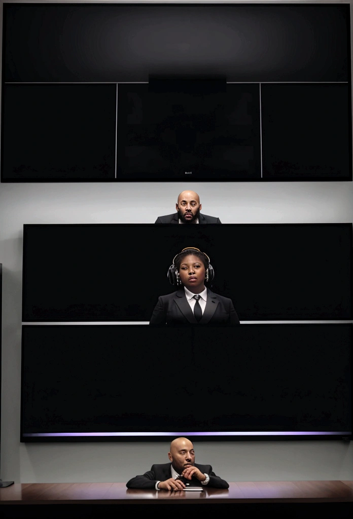 bald black man hip hop executive in suit and tie in a large conference room with ((a large monitor on the wall showing an extremely busty black woman with gross cleavage:1.4)). 