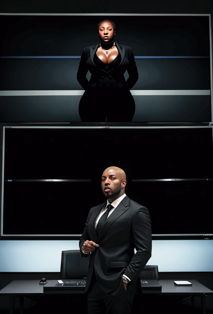 bald black man hip hop executive in suit and tie in a large conference room with ((a large monitor on the wall showing an extremely busty black woman with gross cleavage:1.4)).