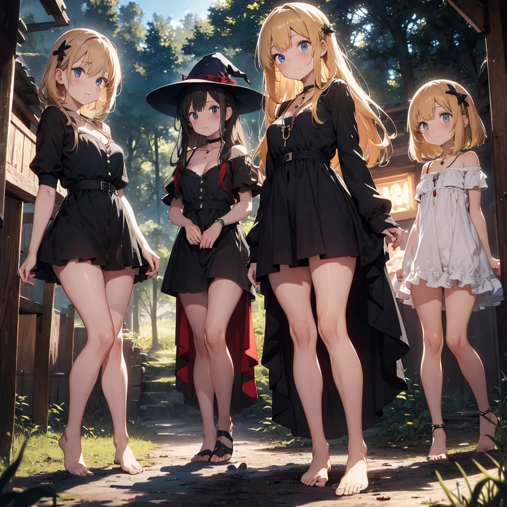 a group of beautiful witch girls in the middle of a forest in the night, standing girl young girl,scantily clad , small breasts, short black dress, necklaces, jewelry decorations, red and blonde hair, blue eyes, full body, bare feet