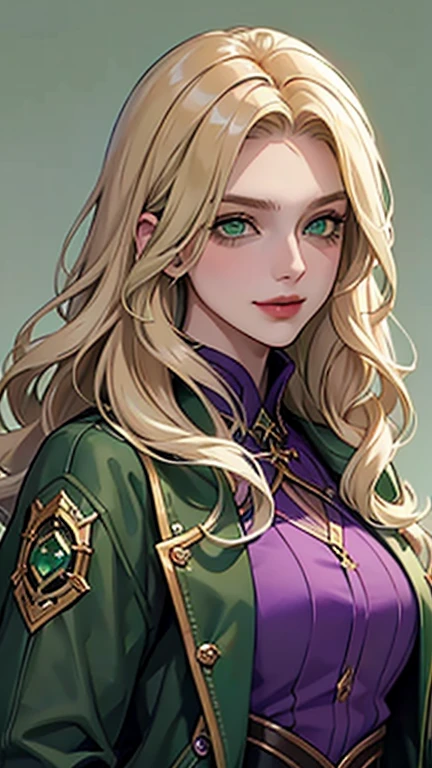 (masterpiece,best quality,ultra-detailed),1 girl,blonde hair,long wavy hair, (cropped jacket), (purple jacket),fantasy clothing,beautiful eyes, ((dark green eyes)),tan skin, (green eyes),(grey theme), confident look, upper body shot,smirk,looking over shoulder