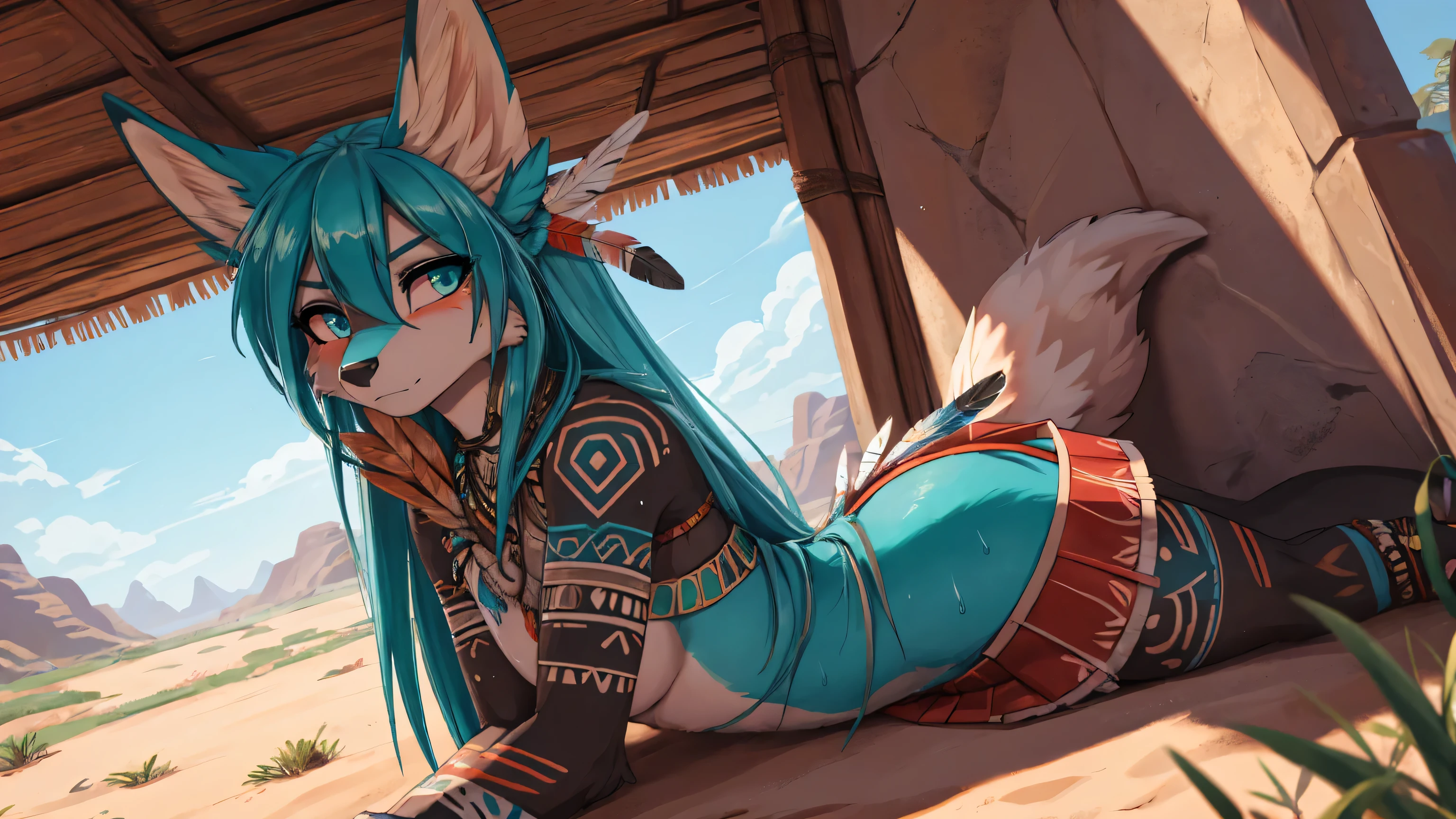 Miku Hatsune x aloy horizon forbiden west dragon tenack armor, add high definition_detail:1, blue fur,kitsune ears, tribal tattoo add_detail:1, sensual pose against the wall add_details:1, tribal feather necklage, rainbowed feather skirt, tribal feather ornaments for the body high definition, tribal feather bralette, desertic landscape oasis in the background, exhausted girl, sweating, very hot, intense sun add_detailsl