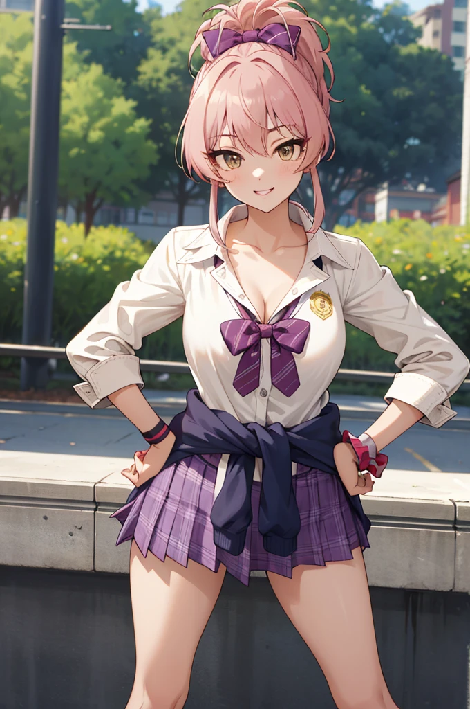 masterpiece, best quality, highres, aamika, ponytail, hair bow, collarbone, , striped, bowtie, collared shirt, white shirt, sleeves rolled up, wrist scrunchie,, clothes around waist, plaid skirt, purple skirt, socks, outdoors, hands on hips, smile,big breasts,nsfw