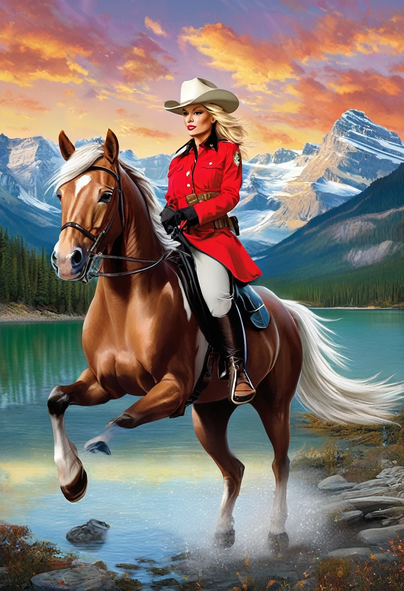 Imagine Pamela Anderson dressed in a stylized, glamorous version of the iconic Royal Canadian Mounted Police (RCMP) uniform, complete with the distinctive red serge jacket and wide-brimmed Stetson hat. Instead of riding a traditional horse, she's astride a majestic unicorn with a flowing mane in the colors of the Canadian flag - red and white.
The unicorn is galloping through a breathtaking landscape of the Canadian Rockies, with snow-capped peaks and pristine lakes in the background. To add some magical flair, the unicorn's horn could be leaving a trail of sparkling maple leaves in its wake.