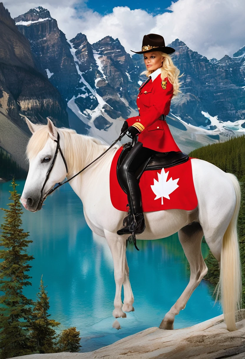 Imagine Pamela Anderson dressed in a stylized, glamorous version of the iconic Royal Canadian Mounted Police (RCMP) uniform, complete with the distinctive red serge jacket and wide-brimmed Stetson hat. Instead of riding a traditional horse, she's astride a majestic unicorn with a flowing mane in the colors of the Canadian flag - red and white.
The unicorn is galloping through a breathtaking landscape of the Canadian Rockies, with snow-capped peaks and pristine lakes in the background. To add some magical flair, the unicorn's horn could be leaving a trail of sparkling maple leaves in its wake.