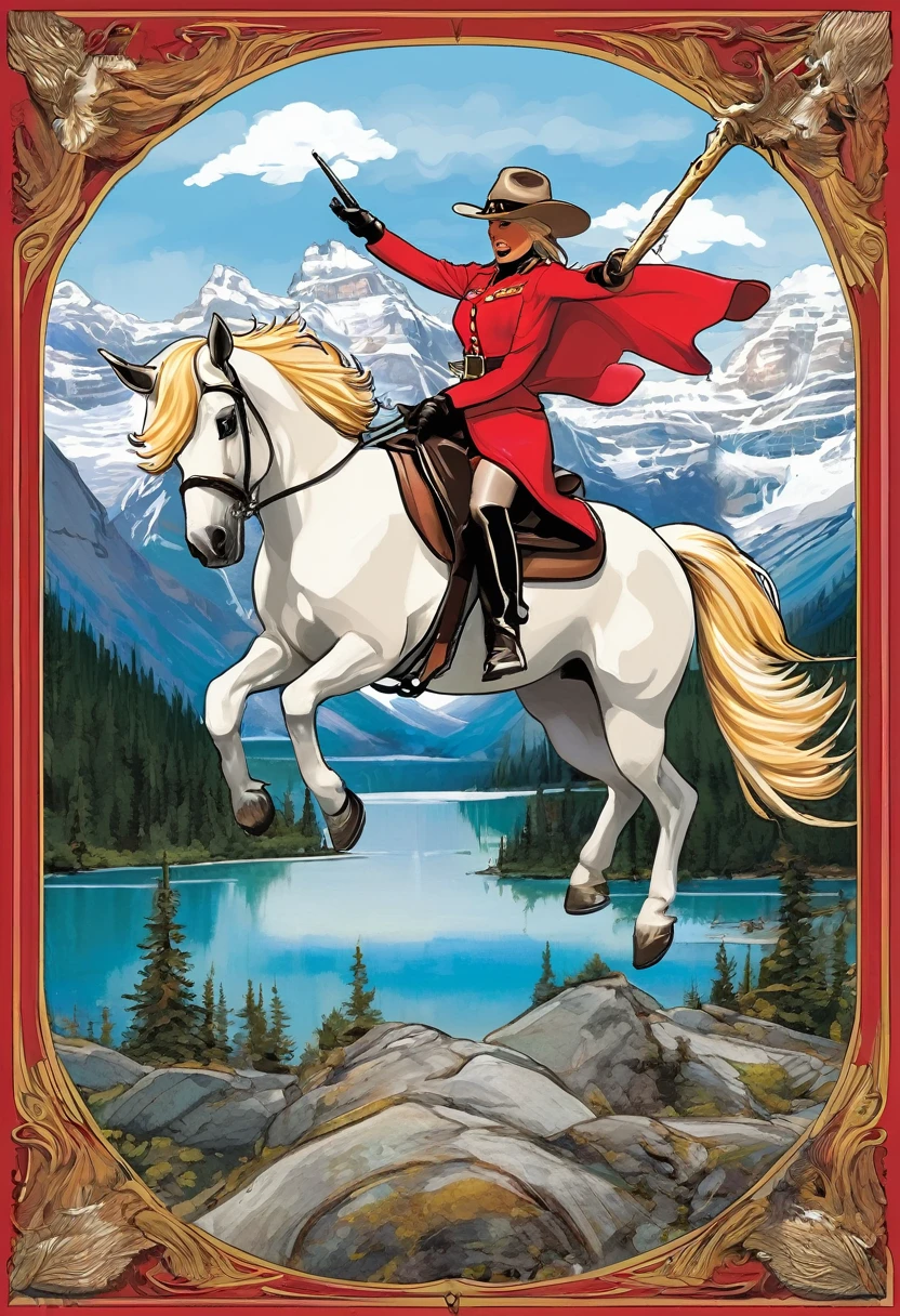 Imagine Pamela Anderson dressed in a stylized, glamorous version of the iconic Royal Canadian Mounted Police (RCMP) uniform, complete with the distinctive red serge jacket and wide-brimmed Stetson hat. Instead of riding a traditional horse, she's astride a majestic unicorn with a flowing mane in the colors of the Canadian flag - red and white.
The unicorn is galloping through a breathtaking landscape of the Canadian Rockies, with snow-capped peaks and pristine lakes in the background. To add some magical flair, the unicorn's horn could be leaving a trail of sparkling maple leaves in its wake.