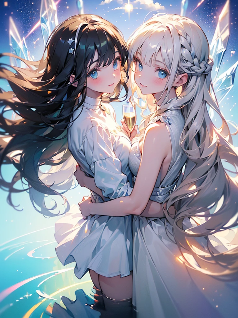 (masterpiece:1.5), ultra quality, 8K, high resolution, super fine illustration, depth of field,
perfect anatomy, (2girls), looking at viewer, break, (1stgirl=((20years_old girl), blonde hair, super long hair, wavy hair, green eyes, large bast, black dress, holding a champagne glass:1.2, take a glass:1.2, (toasting:1.2))), break, (2ndgirl=((ars_old girl), silver hair, extreme long hair, bang, french braid, blue eyes, small bast, white dress, smile, holding huge bouquet)), break,
(cinematic lighting:1.2), (front light), (back light), (dramatic shadow:1.2), (star lens flare:1.2), (clothes reflecting light:1.2), (fantastical light:1.2),
(beautiful reflection:1.3), (prismatic reflection:1.4), (soft reflection:1.3), (natural reflection:1.4),
(sense of depth:1.2),