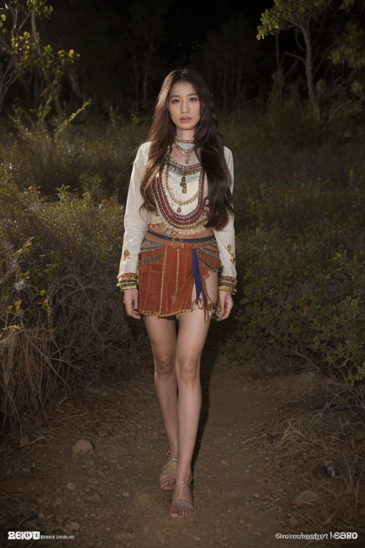 Western United States，Indian tribe in the desert，Night，Full body portrait, 8K, masterpiece, The most detailed, Highest quality, Perfect appearance. Too realistic, Create a fit, Indian woman, Charming eyes，Tan skin, muscle, bounce, (Long hair:1.3), indian ethnic costumes，Indian clothing，dark theme, Dense forest, night, dark,