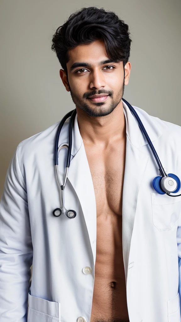 Base model of a handsome indian  man ,with a nurse, in the hospital ,homoerotic, masterpiece, , handsome face, posing for photo shoot, ultra HD, 16k resolution, handsome face, beautiful eyes, messy hair, he is a doctor, (wearing white coat,  and stethoscope ), penis