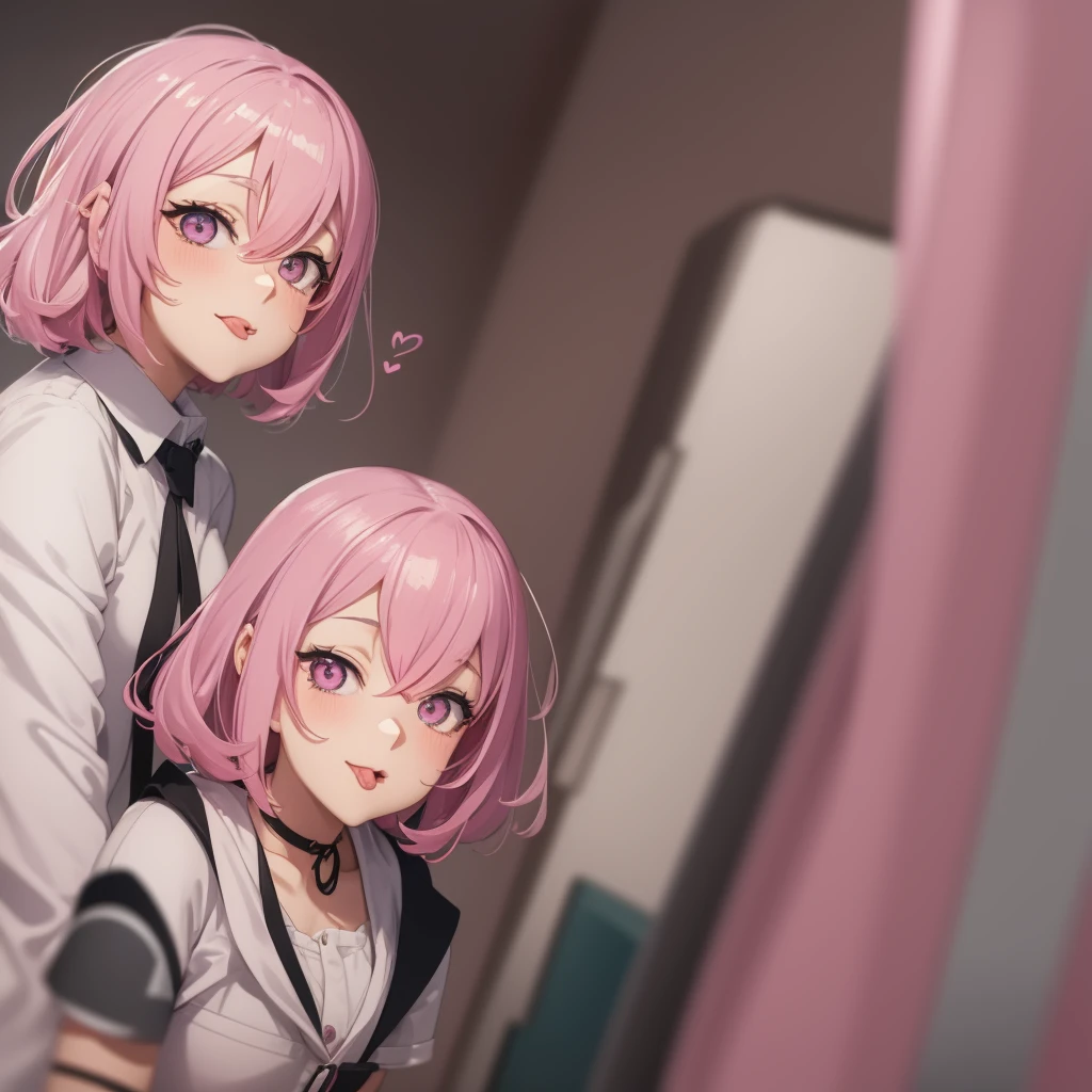 An anime girl with pastel pink hair looking up and sticking out her tongue with heart eyes