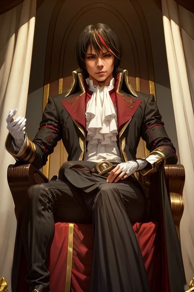 Diablo, detailed eyes, detailed face, detailed clothes, detailed black hair with red and golden line in front,  inside a palace, on a throne, sitting on a throne, character from a novel,