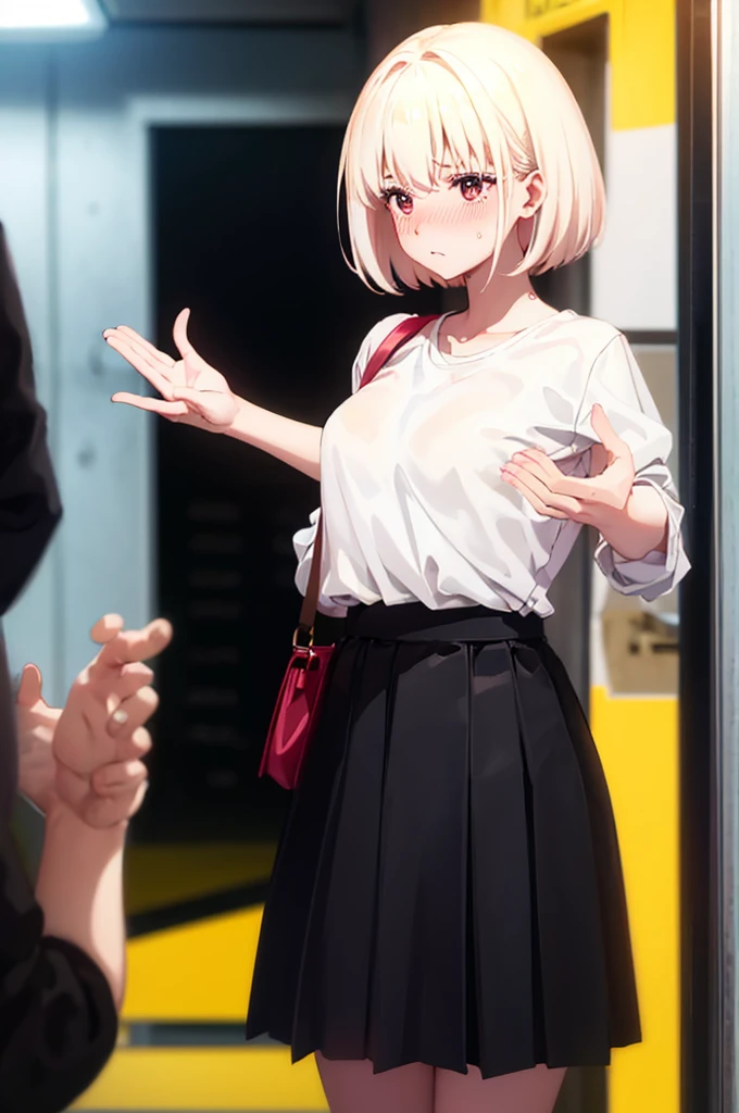 Acme Face、Acme Face、Acme Face、(nsfw:1.9)、1 boy、POV shooter、Chest grab、Light cream colored hair、grabbing own breasts、nose blush、sweat、nose blush、sweat、1 boy、bitch、Embarrassed look、、1 boy、POV shooter、Chest grab、Small breasts、手でhide、skill、、hide、Black Skirt、、blush、、Embarrassed look、Japanese、Black Skirt、No bra、Light cream colored hair、Short Hair、Pale red eyes、blush、、Perfect hands、Fine hand、Inside the train、、Good hands、