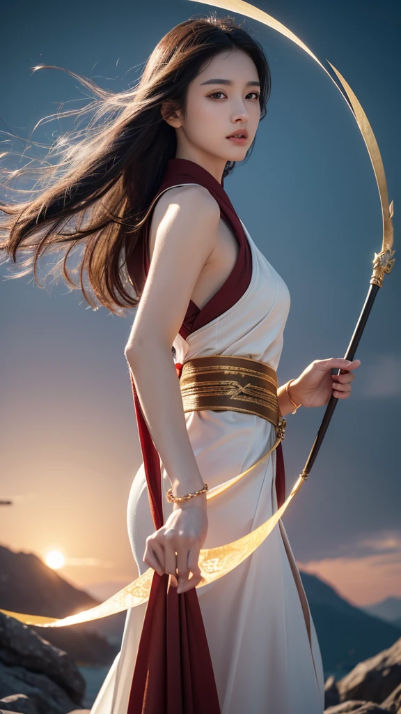Best Quality, Masterpiece, Ultra High Resolution, (Realistic: 1.4), Xiuxian, Weapon, Detailed Face, .a beautiful woman Solo, Weapon, , (Magic Circle: 1.2), Xiuxian, Upper Body, Sheath, (Absurd, Resolution Tall , Highly Detailed), Asian,a female, ,twenty year old female,beautiful,ideal tall female broad shoulders,very short hair,undercut,dark brown eyes,delicate eyes and detailed face,highly detailed Unity 8k CG wallpaper , intricate details, (vortex magic force: 0.7), looking at the viewer, solo, (whole body: 0.6), detailed background, detailed face, hair fluttering in the wind, martial artist, dynamic pose, battle pose , clenched hands, fingerless gloves, bracelets, dragon theme costumes, monk robes, alpine mountain background, rotating floating particles, dynamic composition, hanfu, jinshan, jinshan background, jinshan background, jinshan mountain, flowing golden water